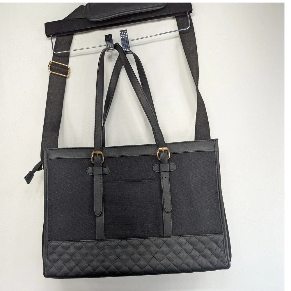 Lovevook Laptop Tote Bag Black Quilted Canvas Faux Leather Work Briefcase 16in